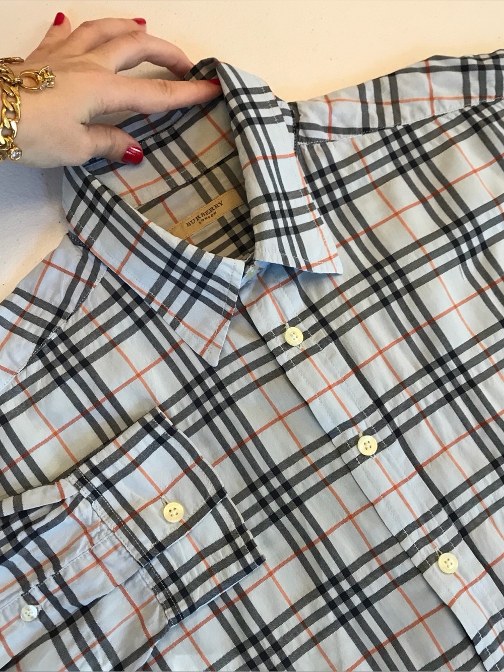 L Large Authentic BURBERRY London Men’s  Button Down Shirt Long Sleeve Ice Blue
